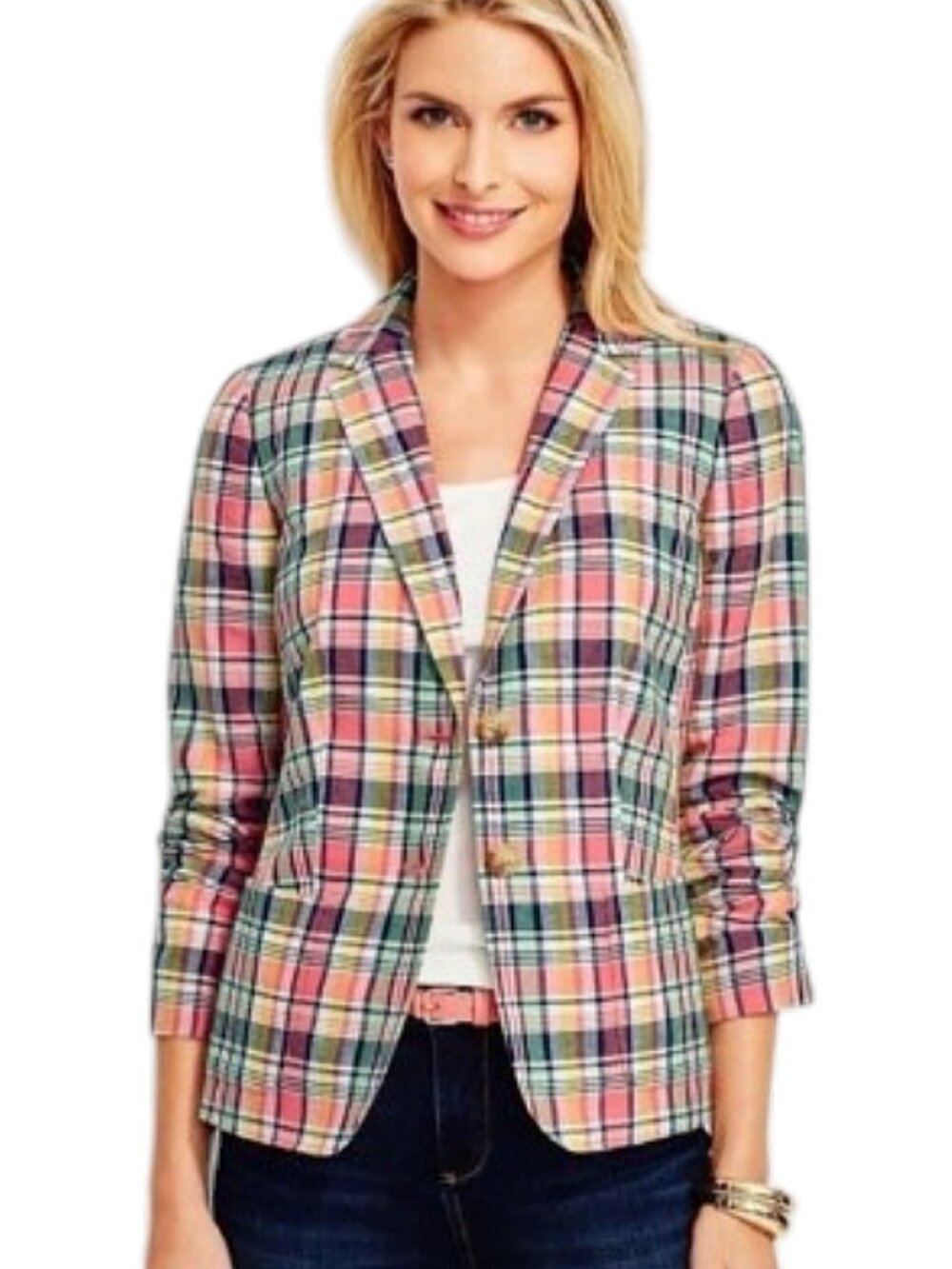 Talbots Madras Plaid Linen Blend Blazer NWT Size 14 Preppy Coastal Chic Jacket